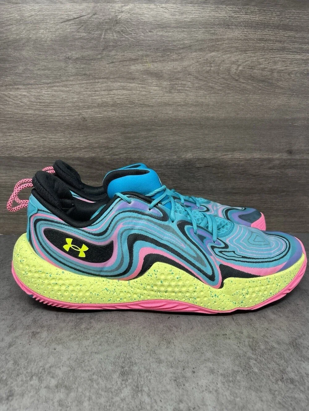Under Armour Spawn 6 Mens Size 15 Blue Pink Volt Basketball Shoes Flow Cushion